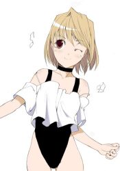 arcueid_brunestud ballerina black_leotard blonde_hair brown_eyes choker female highleg highleg_leotard leotard luna_(reclaimed_land) one_eye_closed pink_tights shirt short_hair simple_background smile solo tsukihime white_background