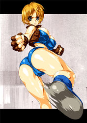 1girls ass big_breasts blonde_hair blue_eyes breasts cameltoe capcom clothing female female_only final_fight final_fight_3 fingerless_gloves gloves kicking looking_at_viewer looking_back lucia_morgan short_hair short_shorts shorts simple_background smash_daisaku solo straight_hair street_fighter street_fighter_v vest video_games