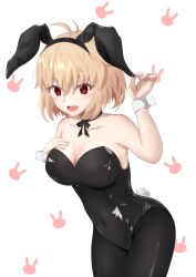 :d ahoge alternate_costume animal_ears arcueid_brunestud bare_shoulders black_leotard blonde_hair bow breasts commentary_request covered_navel detached_collar fake_animal_ears fake_tail female hair_intakes highres large_breasts leotard looking_at_viewer open_mouth pantyhose playboy_bunny rabbit_ears rabbit_tail red_eyes short_hair smile solo strapless strapless_leotard tail taketuki_217 tsukihime wrist_cuffs