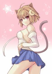 animal_ears arcueid_brunestud bad_id bad_pixiv_id blonde_hair carnival_phantasm cat_ears cat_tail crescent crescent_hair_ornament detached_sleeves female gairou_(takakuan) hair_ornament highres melty_blood miniskirt phantas-moon red_eyes short_hair skirt solo star_(symbol) tail tsukihime vampire vampire_girl