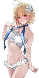 absurdres ahoge arcueid_brunestud bare_shoulders bikini blonde_hair blue_ribbon blush breasts cleavage collarbone fate/grand_order fate_(series) female female_only flower fully_clothed hair_flower hair_ornament highres kawai_ritsu_(rits_meg) looking_at_viewer medium_breasts open_mouth red_eyes revealing_clothes ribbon short_hair solo swimsuit thighs tsukihime white_bikini