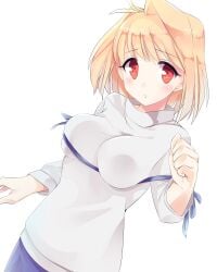 antenna_hair arcueid_brunestud blue_ribbon breasts commentary_request female going_9240 hair_intakes highres impossible_clothes impossible_sweater large_breasts parody rei_no_himo ribbon solo sweater tsukihime turtleneck