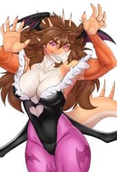 1girls animal_print anthro bat_print big_breasts breasts brown_hair cosplay darkstalkers dinosaur female female_only first_porn_of_artist head_wings huge_breasts large_breasts long_hair morrigan_aensland_(cosplay) prometheusone tail thick_thighs triceratops wide_hips wings