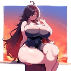 ai_generated amber_eyes ameanon black_dress dark_hair female large_breasts sorceress sorceress_sophia thick_thighs two_tone_hair villainess witch