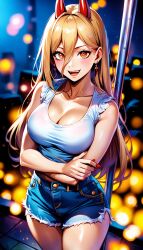 ai_generated blonde_female blonde_hair blonde_hair chainsaw_man cutoff_jeans denim_shorts earrings horns night painted_nails power_(chainsaw_man) solo solo_female