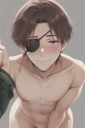 1boy ai_generated blush brown_eyes brown_hair earrings eyepatch green_jacket half-closed_eyes hand_up hayato_suo jacket jacket_only jacket_open jacket_partially_removed looking_at_viewer male male_focus male_only naked nude open_jacket penis pov pov_male short_hair smile suo_hayato tassel_earrings wind_breaker windbreaker