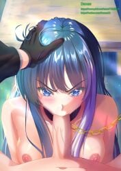 big_penis blue_eyes blue_hair cage daness22 fellatio_face mission:_yozakura_family mission_youza_family mutsumi_yozakura one_girl oral rape sex