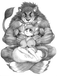 accessory areola balls big_balls big_breasts bow_ribbon breasts chest_tuft crossed_legs daughter_(lore) duo father_(lore) father_and_child_(lore) father_and_daughter_(lore) felid feline fur genitals graphite_(artwork) hair hair_accessory hair_ribbon hairbow inner_ear_fluff kemono larger_male lion long_hair looking_down male mammal marudi monochrome muscular muscular_male nipples nude pantherine parent_(lore) parent_and_child_(lore) parent_and_daughter_(lore) ribbons sitting sitting_on_balls size_difference smile traditional_media_(artwork) tuft