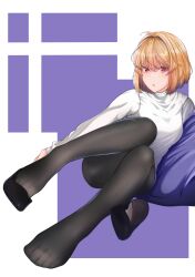 1girls :o absurdres ahoge arcueid_brunestud bad_id bad_pixiv_id black_footwear black_pantyhose blonde blonde_female blonde_hair bob_cut breasts feet female female_only female_solo hair_intakes hanahashi_bagara highres knees_together_feet_apart knees_up leaning_to_the_side looking_at_viewer no_pants no_shoes outside_border pantyhose pillow red_eyes removing_shoes shoes short_blonde_hair short_hair single_shoe sitting solo solo_female sweater tagme thighband_pantyhose toes tsukihime turtleneck turtleneck_sweater unworn_shoes white_sweater