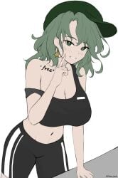 absurdres alternate_costume bare_shoulders big_breasts bike_shorts black_shorts black_sports_bra breasts cabbie_hat cleavage collarbone dobostorte english_text female flat_cap green_eyes green_hair green_hat grin groin hat highres large_breasts leaning_forward medium_hair midriff navel pointing pointing_at_self shorts simple_background smile solo sports_bra stomach strap_slip table takane_yamashiro tattoo touhou unfinished white_background yamashiro_takane