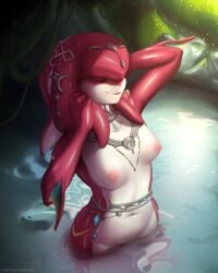 2023 bathing breasts breath_of_the_wild closed_eyes female female_focus female_only fish fish_girl mipha nature nintendo nipples pawpadcomrade red_body red_hair the_legend_of_zelda water white_body wide_hips zora