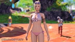 2girls 3d big_ass big_breasts bikini blonde_hair final_fantasy final_fantasy_xiv looking_at_viewer lyse_hext minfilia slutsofffxiv square_enix wide_hips