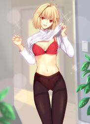 1girls :d antenna_hair arcueid_brunestud black_pantyhose blonde_hair blurry blurry_background blurry_foreground bra breasts cleavage clothes_lift commentary_request female hair_between_eyes head_tilt highres indoors iro_(sekaixiro) lifted_by_self looking_at_viewer medium_breasts medium_hair midriff navel open_mouth panties panties_under_pantyhose pantyhose red_bra red_eyes shiny_skin single_hair_intake smile solo sparkle stomach sweater sweater_lift thigh_gap thighband_pantyhose tsukihime turtleneck turtleneck_sweater underwear white_sweater