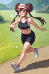 ai_generated aimoonshine alternate_costume bike_shorts black_bra black_shorts blue_eyes blurry_background blush brown_hair double_bun exercise flower flying_sweatdrops full_body grass gym_uniform heavy_breathing jogging long_hair medium_breasts midriff nintendo open_mouth outdoors path pokemon pokemon_bw2 rosa_(pokemon) running scenery shiny_clothes shiny_skin sideboob sneakers sports_bra sportswear sweat thick_thighs tree visor_cap