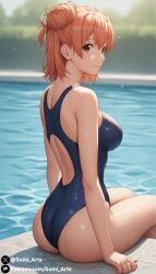 ai_generated ass bikini blue_sky brown_eyes gumi_arts in_water large_breasts looking_at_viewer looking_back my_teen_romantic_comedy_snafu one_piece_swimsuit orange_hair outdoors pool short_hair sitting stable_diffusion thick_thighs water wet yuigahama_yui