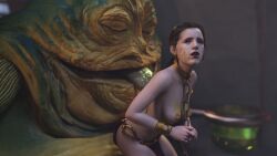 1girls 3d alexbridger belly_dancer belly_dancer_outfit boots braided_hair brown_eyes brown_hair chain_leash chained enslaved_royal femsub harem_girl harem_outfit humiliation hutt jabba's_palace jabba_the_hutt kneeling licking_back loincloth long_hair medium_breasts princess_leia_organa reluctant_arousal slave slave_bikini slave_collar slave_leia slave_outfit slavegirl slime slime_on_breasts slime_on_face star_wars submissive_female topless