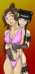 2girls avatar_the_last_airbender black_hair blush bra brow_hair cleavage female female_only fingering fire_nation forced forced_yuri hand_in_another's_panties hand_in_panties human kunai mai_(avatar) medium_breasts multiple_females multiple_girls nickelodeon panties pink_bra pink_panties razmere smiling straight_hair ty_lee yellow_eyes yuri