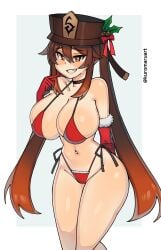 1girls bikini breasts choker female female_only genshin_impact hu_tao_(genshin_impact) kuromaruart large_breasts looking_at_viewer solo swimsuit thighs twintails wide_hips