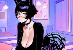 :3 ai_generated arcadiasofka belt bent_over black_hair black_shirt cat_ears cleavage from_side glasses green_eyes hanging_breasts jingle_bell large_breasts looking_at_viewer miniskirt on_all_fours skirt spiked_collar thighs underbutt wide_hips