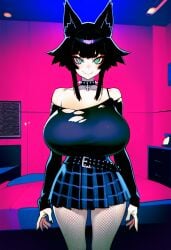 ai_generated arcadiasofka belt black_hair black_top chains collar collarbone cross fishnets gigantic_breasts green_eyes legs_crossed looking_at_viewer short_hair skirt smile spiked_collar standing thighhighs thighs wolf_ears