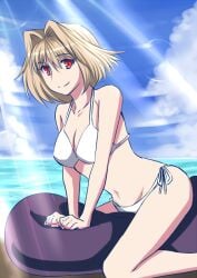 arcueid_brunestud bikini blonde_hair blue_sky breasts cleavage cloud cloudy_sky commentary_request day feet_out_of_frame female hair_intakes innertube light_rays medium_breasts navel no_nose ocean red_eyes short_hair side-tie_bikini_bottom sky smile solo straddling swim_ring swimsuit tsukihime urako white_bikini