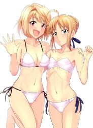 2girls :d ahoge alternate_costume arcueid_brunestud artoria_pendragon artoria_pendragon_(fate) bikini blonde_hair breasts cleavage commentary fate/stay_night fate_(series) green_eyes hair_ribbon looking_at_viewer medium_breasts michelle_ruff multiple_girls navel official_alternate_costume open_mouth ribbon saber saber_(fate) simple_background small_breasts smile standing stomach strapless strapless_bikini swimsuit tsukihime tsurui type-moon voice_actor_connection waving white_background