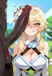 1boy 1girls ai_generated artstyle_imitation blonde_hair blowjob breasts cum dark-skinned_male dark_skin female floox genshin_impact gold_eyes high_resolution hilichurls_(species) huge_cock large_breasts light-skinned_female light_skin long_hair lumine_(genshin_impact) male naughty_face oral oral_sex penis stable_diffusion thiccwithaq_(ai_style)