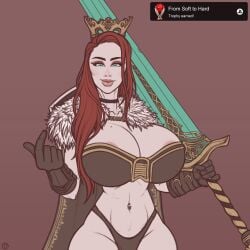 1girls achievement_unlocked areola_slip areolae belly_piercing breasts cape choker cleavage crown dark_souls dark_souls_2 female fur_cape game_mechanics gloves green_eyes huge_breasts long_hair looking_at_viewer moonlight_greatsword panties pierced_belly_button pinup pureruby87 raiounsfw red_hair sketch slim_waist smile smiling smirk solo solo_female sword sword_on_shoulder thin_waist trophy_unlocked weapon wide_hips