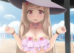 1girls alexandra_kurusu beach big_breasts blonde_hair breasts female female_focus fingers hand_on_breast human human_only kurusu_alexandra looking_at_viewer magia_record:_mahou_shoujo_madoka_magica_gaiden mahou_shoujo_madoka_magica outdoors outercourse outside puella_magi_madoka_magica rusyoukei