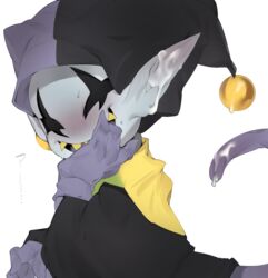 9999gpera blush close-up clothed clothing cum cum_in_ear cum_on_ear cum_on_tail deltarune gloves hat headgear humanoid imp jester jevil_(deltarune) male male_only open_mouth sharp_teeth shirt sitting smile solo sweat teeth tongue video_games