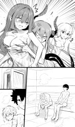 2boys 3girls arcueid_brunestud bad_id bad_twitter_id baobhan_sith_(fate) blush breasts commentary curled_horns dragon_girl dragon_horns dragon_tail elizabeth_bathory_(fate) elizabeth_bathory_(fate/extra_ccc) fate/extra fate/grand_order fate_(series) fujimaru_ritsuka_(male) grabbing grabbing_another's_breast greyscale highres hirunagi horns kadoc_zemlupus large_breasts long_hair looking_at_viewer monochrome multiple_boys multiple_girls onsen pointy_ears short_hair sidelocks small_breasts steam tail towel tsukihime