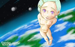 1girls blush breasts earth eureka eureka_seven female female_only green_hair hairpins nude pose purple_eyes short_hair solo space stars tagme