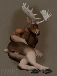 3d_(artwork) anthro antlers anus arkadios ass brown_body deer digital_media_(artwork) digitigrade fingers genitals hi_res hooved_fingertips hooves horn looking_at_viewer male mammal moose new_world_deer simple_background solo tail unfinished