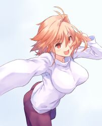 :d arcueid_brunestud auru_t big_breasts big_breasts blonde_hair breasts breasts breasts clothed commentary_request female hair_intakes highres large_boobs large_breasts long_skirt open_mouth purple_skirt red_eyes short_hair skirt smile solo sweater teeth top_heavy tsukihime turtleneck