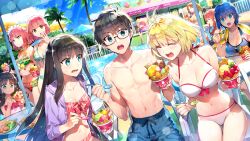 1boy 6+girls :o ^_^ antenna_hair arcueid_brunestud arima_miyako artoria_pendragon_(fate) bare_legs bare_shoulders bikini black_hair blonde_hair blue_bikini blue_eyes blue_hair blue_shorts blush bow bow_bikini breasts brown_hair ciel_(tsukihime) cleavage closed_eyes collarbone competition_swimsuit cowboy_shot day dutch_angle eating fate/stay_night fate_(series) finger_to_mouth food frilled_bikini frills glasses green_eyes hairband harem highres hisui_(tsukihime) holding holding_food ice_cream jacket kohaku_(tsukihime) large_breasts long_sleeves looking_at_another maid_headdress medium_breasts melty_blood melty_blood:_type_lumina multiple_girls navel no_scar noel_(tsukihime) official_art one-piece_swimsuit open_clothes open_jacket open_mouth orange_eyes outdoors palm_tree parasol pool poolside red_hair redrop saber_(fate) short_hair shorts sidelocks sitting small_breasts smile standing stomach straight sweat swimsuit teeth tohno_akiha tohno_shiki topless_male tree tsukihime tsukihime_(remake) umbrella upper_teeth_only white_bikini yumizuka_satsuki