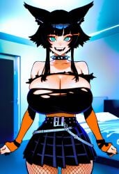 ai_generated arcadiasofka belt black_hair black_top chains cleavage collar collarbone crop_top cross fishnets gigantic_breasts green_eyes legs_crossed looking_at_viewer miniskirt open_mouth original_character short_hair skirt smile spiked_collar standing thighhighs thighs torn_clothes wolf_ears