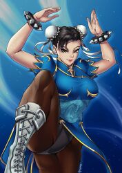 1girls artist_signature asian asian_female bangs black_hair boots bracelet capcom chun-li fighting_stance gold_eyes hair_bun kicking leg_up light-skinned_female light_skin pantyhose smile spiked_bracelet street_fighter thotlerrr tights treartz