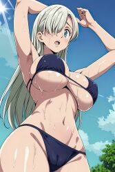 ai_generated belly_button big_breasts bikini bikini_bottom bikini_top blue_eyes cameltoe cleavage covered_nipples covered_pussy curvaceous_teen elizabeth_liones female female_focus female_only grey_hair hair_over_one_eye huge_breasts long_hair looking_at_viewer navel seven_deadly_sins sky_background solo solo_female solo_focus standing straight_hair teenage_girl teenager thin_waist underboob voluptuous_teen wet_body wet_skin