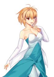 absurdres alternate_costume antenna_hair aqua_dress arcueid_brunestud bare_shoulders blonde_hair breasts bridal_gauntlets collarbone commentary_request cqqz0707 detached_sleeves dress female formal hair_between_eyes highres looking_at_viewer medium_breasts open_mouth pantyhose red_eyes see-through short_hair simple_background single_hair_intake smile solo strapless strapless_dress tsukihime tsukihime_(remake) two-tone_dress upper_body white_background white_dress white_pantyhose white_sleeves