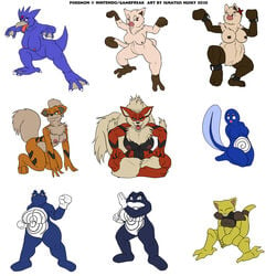 9girls abra abs all_fours anthro anthro_only arcanine black_eyes breasts canine closed_eyes duck eyelashes fangs female female_only frog fur furry gloves golduck growlithe ignatius_husky large_breasts leg_up mankey monkey multiple_girls muscular_female nintendo nipples no_nipples nude pokemon pokemon_(species) poliwag poliwhirl poliwrath primeape pussy red_eyes sitting standing tadpole tail text white_background white_eyes