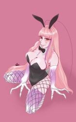 1girls 2020s 2024 animal_costume arthropod_girl breasts candace_volker cleavage female fishnet_thighhighs fishnets hi_res long_hair matara_kan mole mole_on_breast monster_girl on_floor pink_background pink_hair rabbit_costume rabbit_ears rabbit_tail red_eyes revealing_clothes simple_background smile solo thighhighs virtual_youtuber vshojo