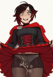 1girls ai_generated cum_on_lower_body female female_only human ruby_rose rwby skirt_lift solo sweat