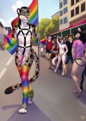 absurd_res accessory anthro arm_warmers armwear balls bear blurred_character canid canine canis cheerin city clothed clothing domestic_cat essien essien_(character) felid feline felis femboy flag flagpole foreskin fox genitals group hair hair_accessory hair_tie harness hi_res jockstrap leg_warmers legwear lgbt_pride long_hair mammal marching nude pantherine pantsless penis pride_colors pride_parade rainbow_flag rainbow_pride_flag rainbow_symbol reptile retracted_foreskin scalie snow_leopard street turtle umbrose underwear wolf
