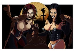 2girls 3boys artist_request balls bird black_gloves black_hair black_lipstick black_nail_polish bloodrayne blue_eyes breasts choker cleavage clothed_female_nude_male clothing color corset crossover dark-skinned_male dark_skin dhampir dogwitch elbow_gloves erection female female_focus fingerless_gloves fishnets full_moon gloves goth graveyard green_eyes hair_ornament handjob hourglass_figure human interracial kneeling large_breasts large_penis light-skinned_female light_skin lipstick long_hair looking_at_viewer majesco makeup male medium_hair moon multiple_boys multiple_girls multiple_penises nail_polish navel night nude outside painted_nails pale pale-skinned_female pale_skin panties penis rayne red_hair redhead ribbon sex shoulder_tattoo simple_background smile straight tagme tattoo teamwork thick_penis thin_waist uncensored underwear vampire veins veiny_penis violet_grimm zipper