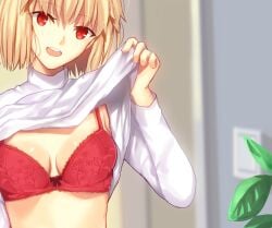 arcueid_brunestud blonde_hair blurry blurry_background blush bow bow_bra bra breasts cleavage clothes_lift female iro_(sekaixiro) lace-trimmed_bra lace_trim long_sleeves looking_at_viewer medium_breasts open_mouth red_bra red_eyes round_teeth shirt shirt_lift short_hair smile solo sweater teeth tsukihime tsukihime_(remake) underwear upper_body upper_teeth_only white_sweater