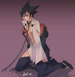 artist_request black_hair blue_eyes bondage cum cum_on_body facial grimsley male_only pokemon pokemon_(game) pokemon_bw yaoi