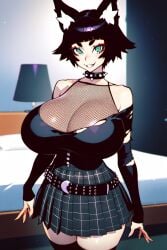 ai_generated arcadiasofka belt black_hair black_top cat_ears collar fishnets gigantic_breasts green_eyes short_hair skirt smile spiked_collar thighhighs thighs