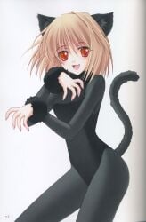 1girls absurdres alternate_costume animal_ears arcueid_brunestud arcueid_brunestud_(monster_cat) artbook blonde_hair blushing cat_ears cat_tail costume female highres kagetsu_tohya leotard looking_at_viewer nishiwaki_yuuri pantyhose paw_pose red_eyes scan short_hair solo tagme tail tsukihime type-moon vampire vampire_girl