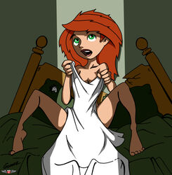 bed bedroom broken_bed cleavage darthzemog disney female female_only green_eyes human human_only kim_possible kimberly_ann_possible medium_breasts open_mouth orange_hair phillipthe2 redhead solo spread_legs straight_hair