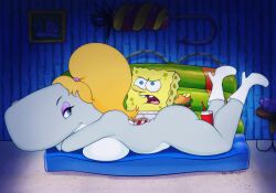 1boy 1girls arms_cross blonde_hair boots breasts cetacean couch female food krabby_patty larger_female lying_on_stomach male mammal marine meme nickelodeon nude nude_female open_mouth pearl_krabs rayman_eating_sushi redbenjamin sea_sponge size_difference smaller_male soda sperm_whale spongebob_squarepants spongebob_squarepants_(character) whale